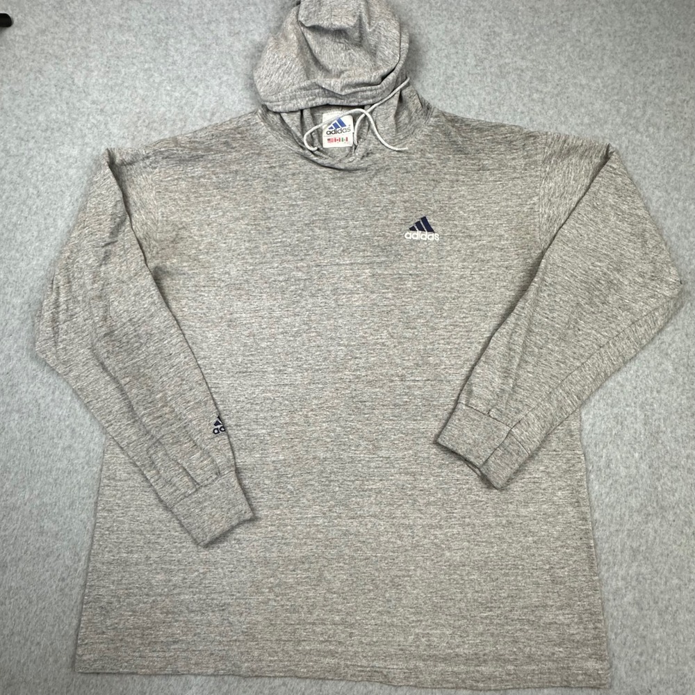 Vtg Adidas Gray Long Sleeve Hooded T-Shirt Mens Large Made in USA 90s Logo